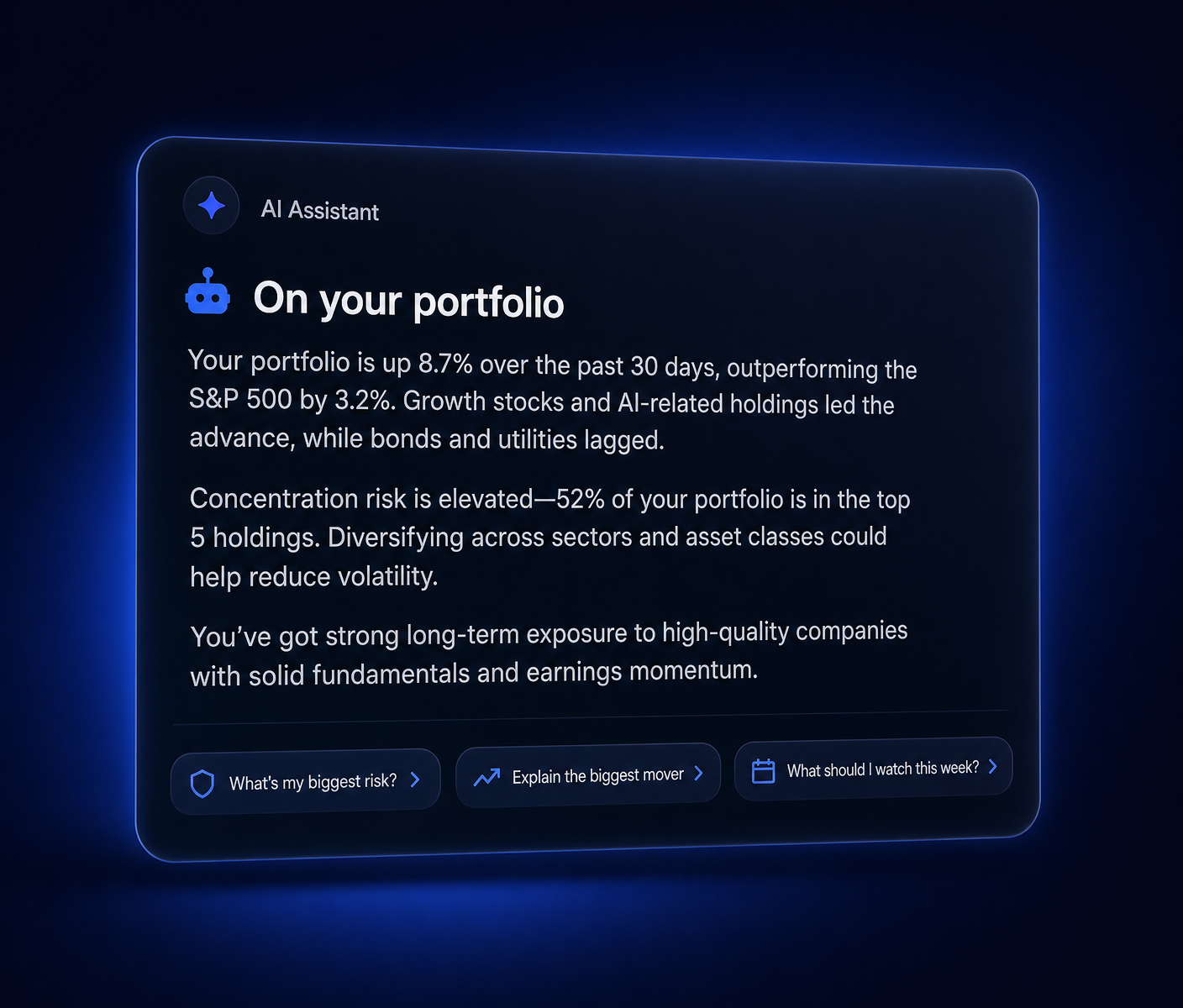 AI Assistant answer about a portfolio with follow-up suggestion chips