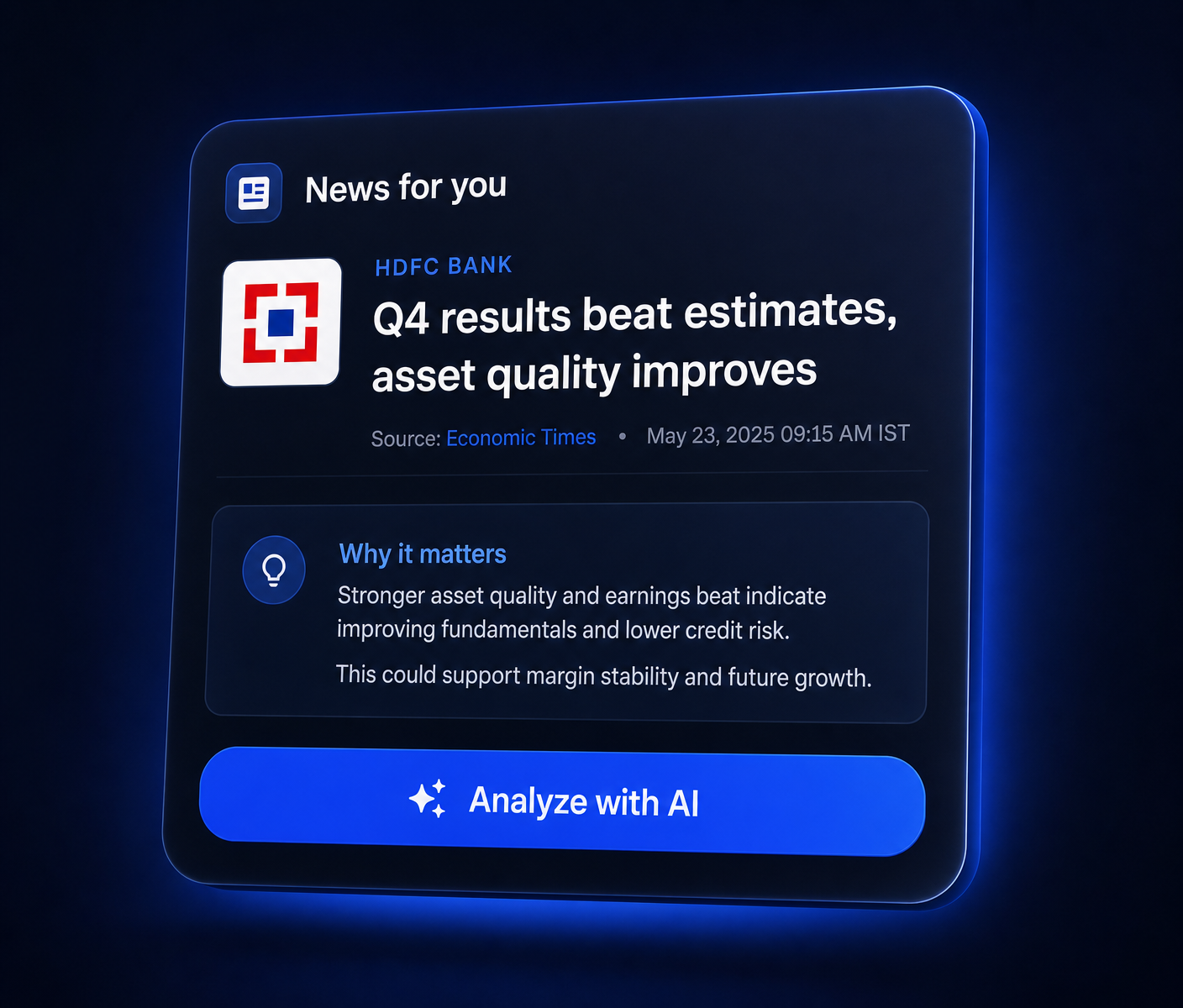 News card for a portfolio holding with a 'Why it matters' explanation and an 'Analyze with AI' button